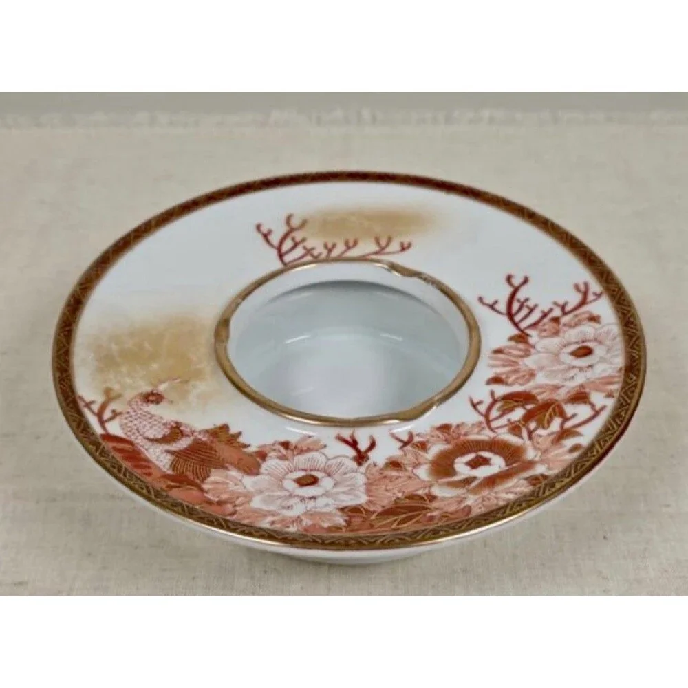 Vintage Japanese Kutani Porcelain Ashtray Hand Painted Phoenix & Peony Gold Gilt